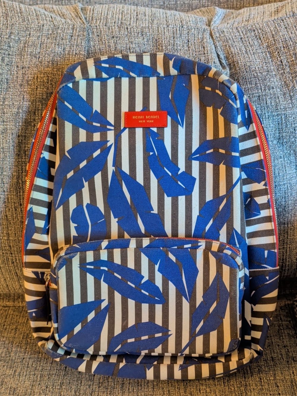 Henri Bendel Blue Leaf Stripe Canvas Backpack with Red Trim